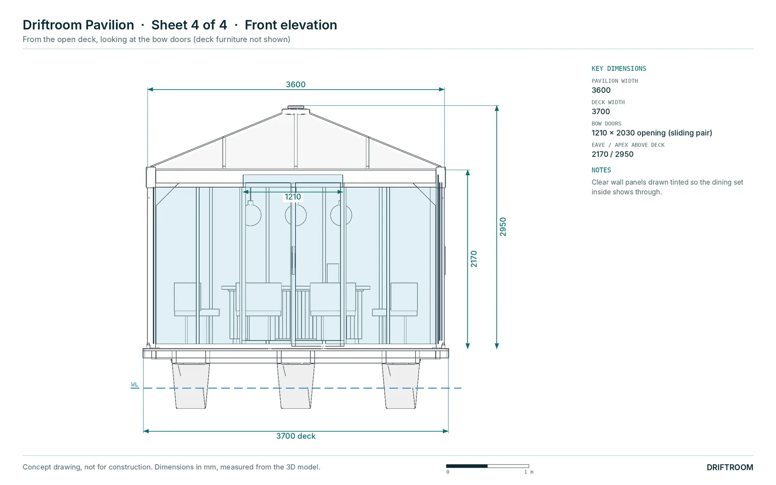 Front elevation of the Driftroom Pavilion: 3600 wide glass front with a 1210 × 2030 opening (sliding pair), hip roof, on a 3700 deck.