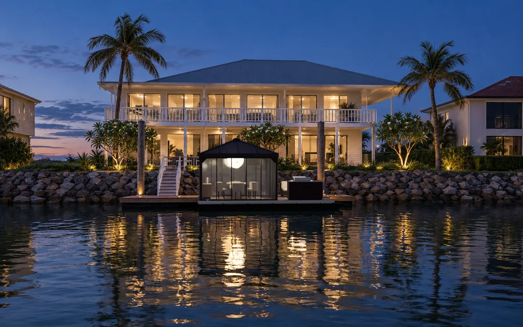 The Driftroom Pavilion glowing at dusk beside a canal home, seen across the water