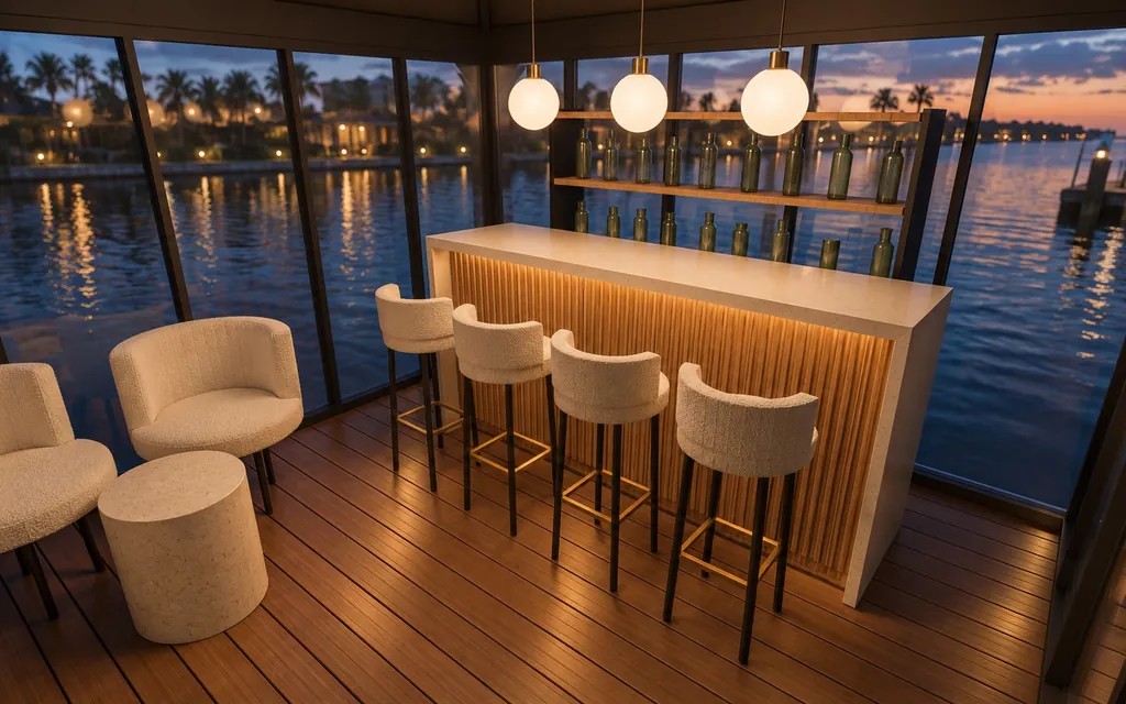 Inside the Pavilion: bar layout with four stools at dusk