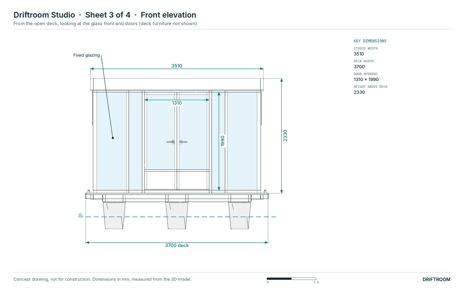 Front elevation of the Driftroom Studio: 3510 wide glazed front with double glass doors 1310 × 1990, on a 3700 deck.
