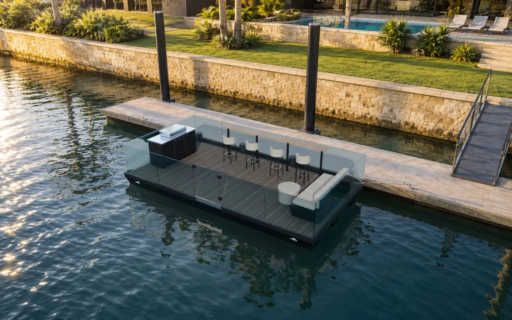 The Driftroom Terrace from above, facing the open water, in the morning