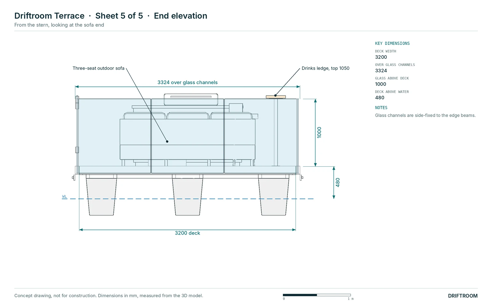 End elevation of the Driftroom Terrace from the stern: 3200 deck, side-fixed glass channels, 1000 high glass and the outdoor sofa.