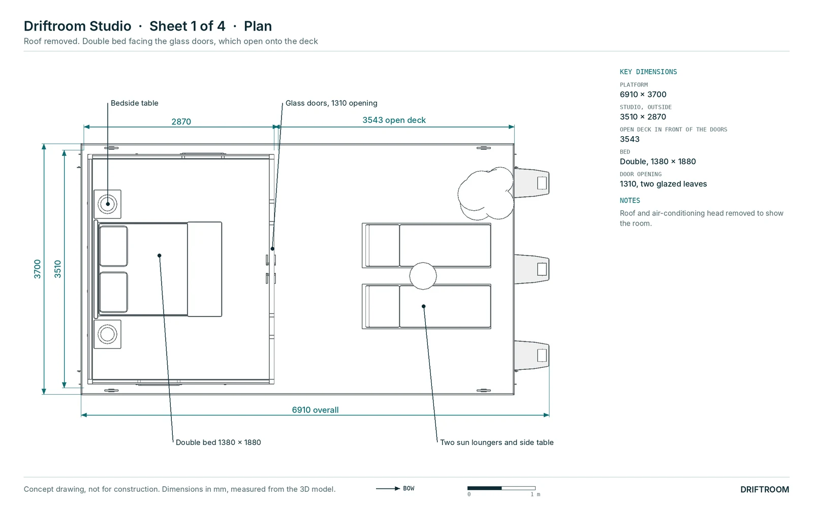 Plan drawing of the Driftroom Studio: 3510 × 2870 room with a double bed and bedside tables, glass doors, and an open deck with two sun loungers on a 6910 × 3700 platform.