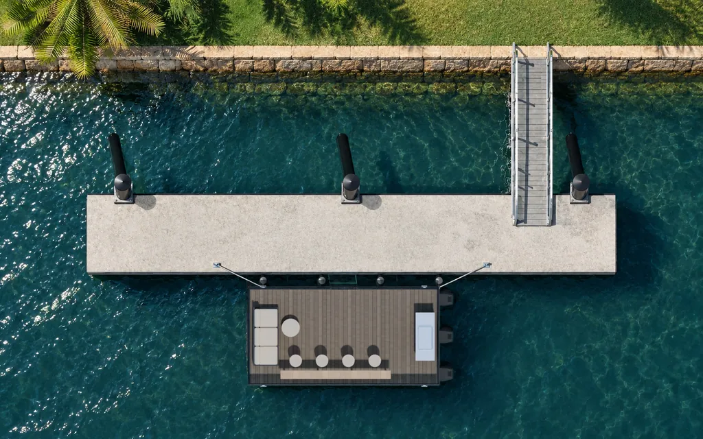 Straight-down aerial view of the Driftroom Terrace moored beside a canal pontoon