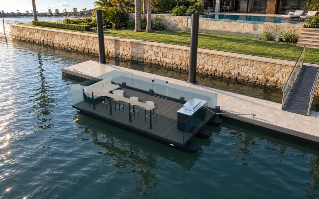 The Driftroom Terrace from above the canal, moored beside a home pontoon in the morning