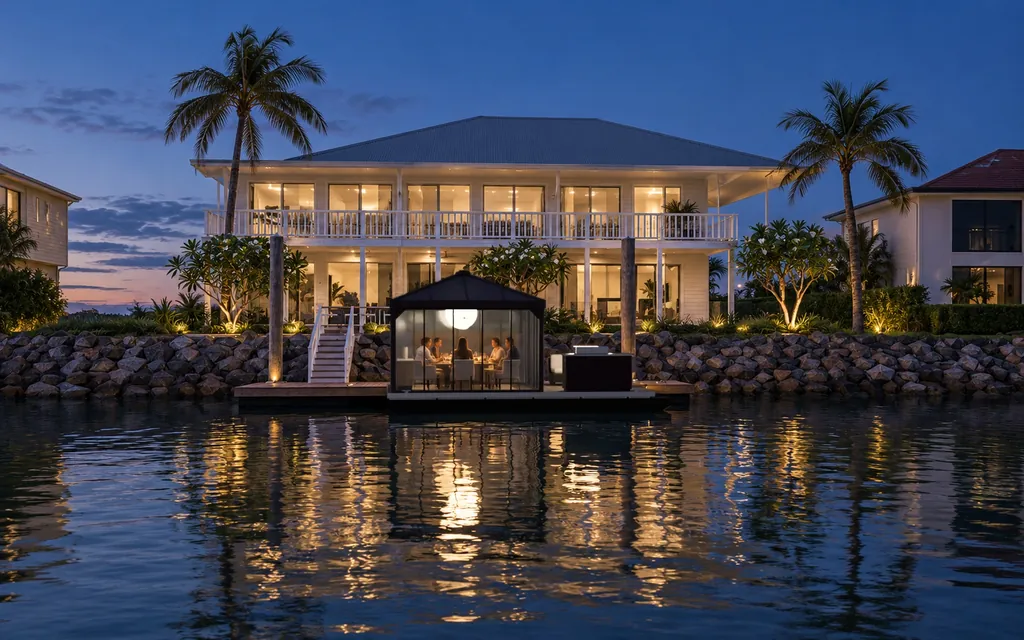 A dinner party glowing inside the Pavilion at dusk, seen across the canal
