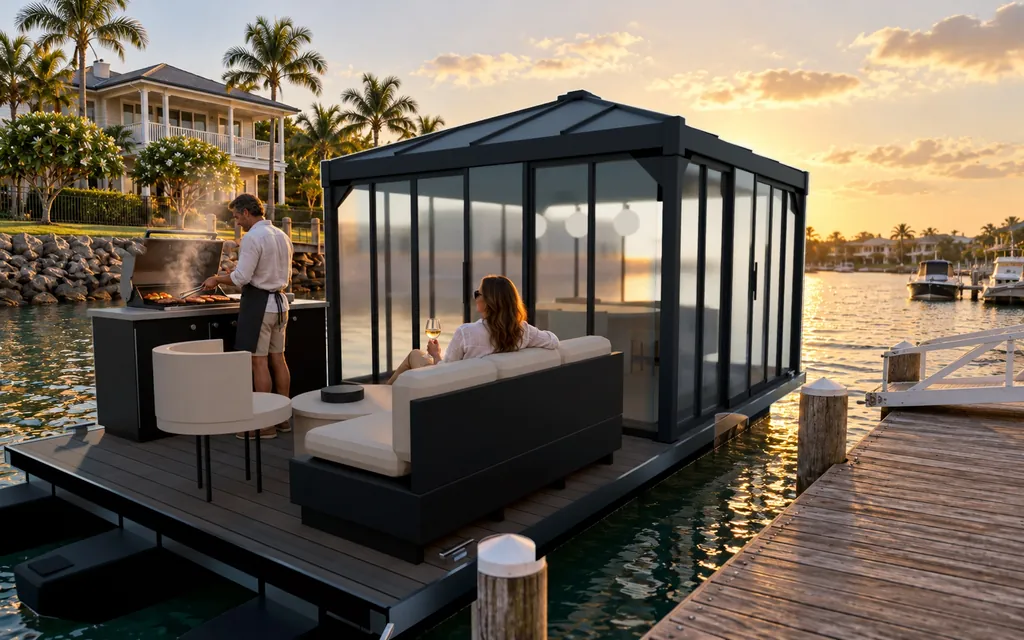Cooking at the Pavilion BBQ while a guest relaxes on the outdoor sofa at sunset