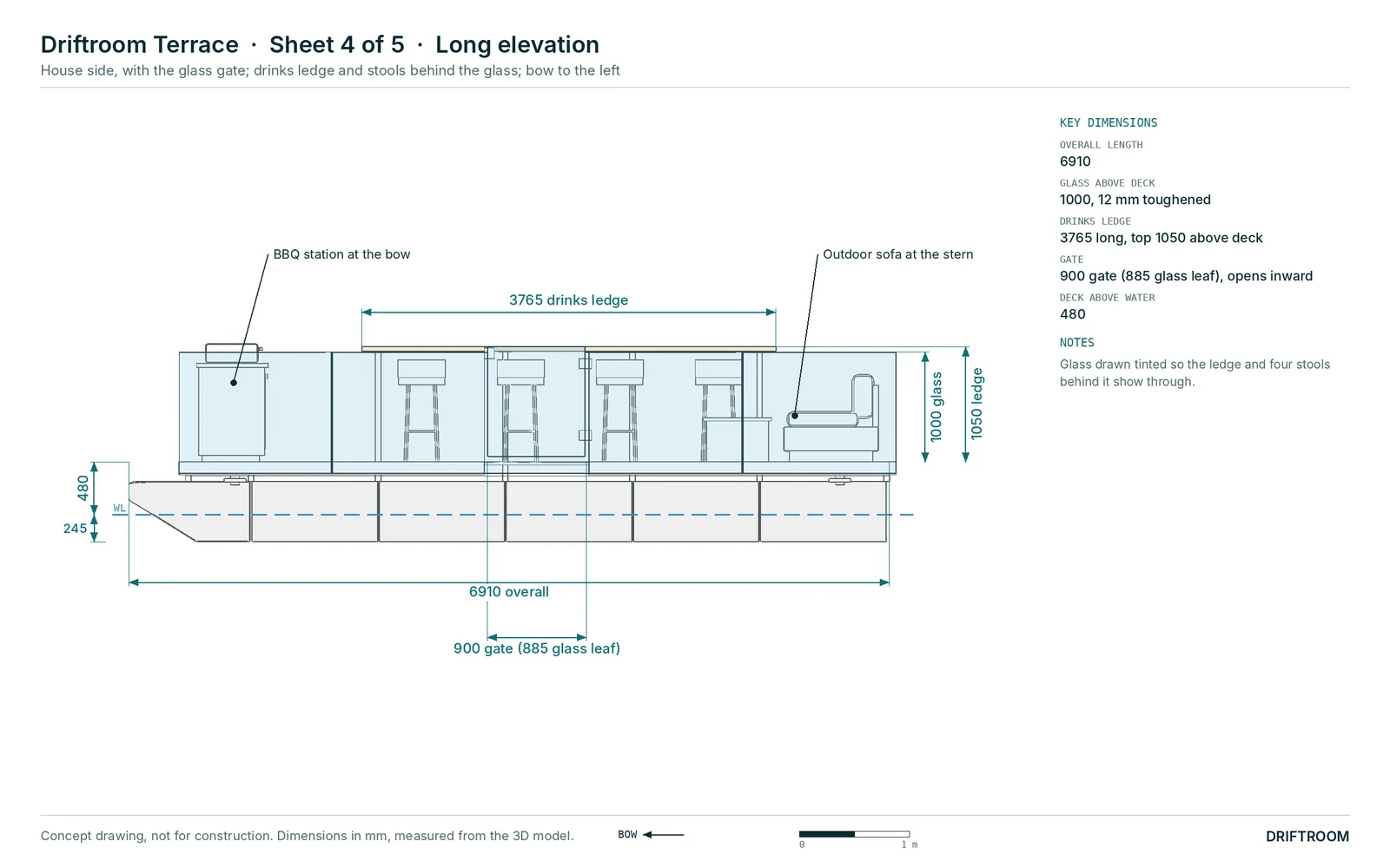 Long elevation of the Driftroom Terrace: frameless glass 1000 high with a 900 gate (885 glass leaf), the drinks ledge and four bar stools behind, BBQ at the bow and sofa at the stern.