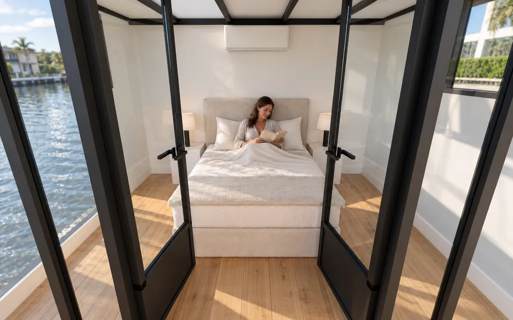 A woman reading in the Studio double bed, seen through the open glass doors