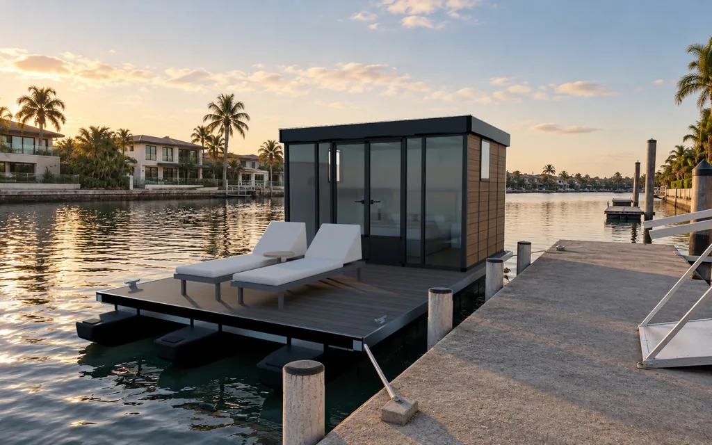 The Driftroom Studio seen from the end of the home pontoon at golden hour