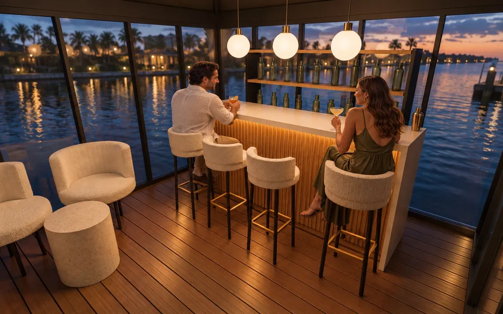 Two friends with cocktails at the Pavilion bar at dusk
