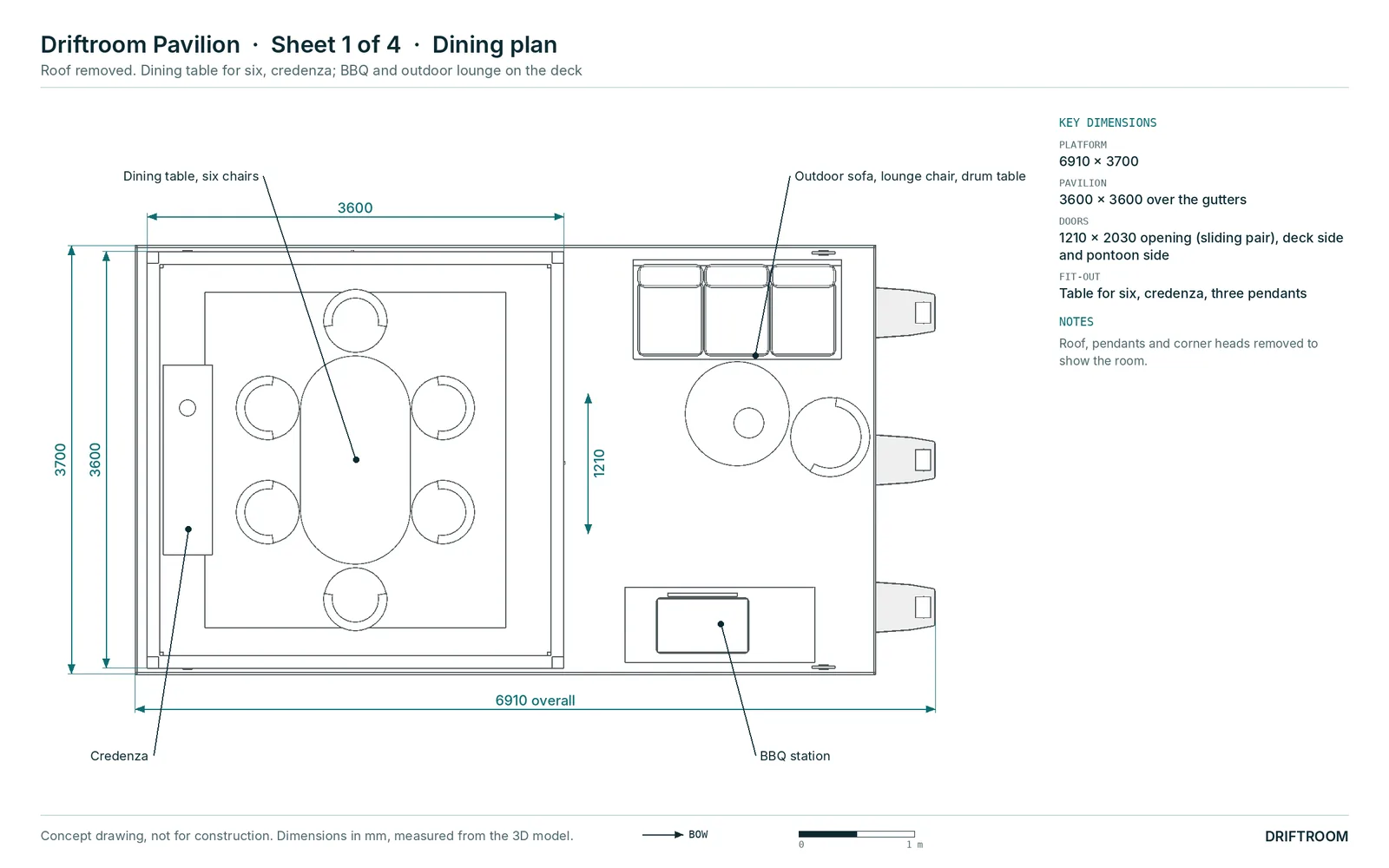 Plan drawing of the Driftroom Pavilion, dining plan: Dining table for six, credenza; BBQ and outdoor lounge on the deck, on a 6910 × 3700 platform.