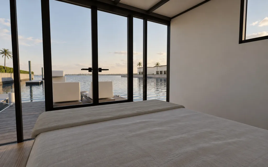 The Studio double bed facing the water at golden hour