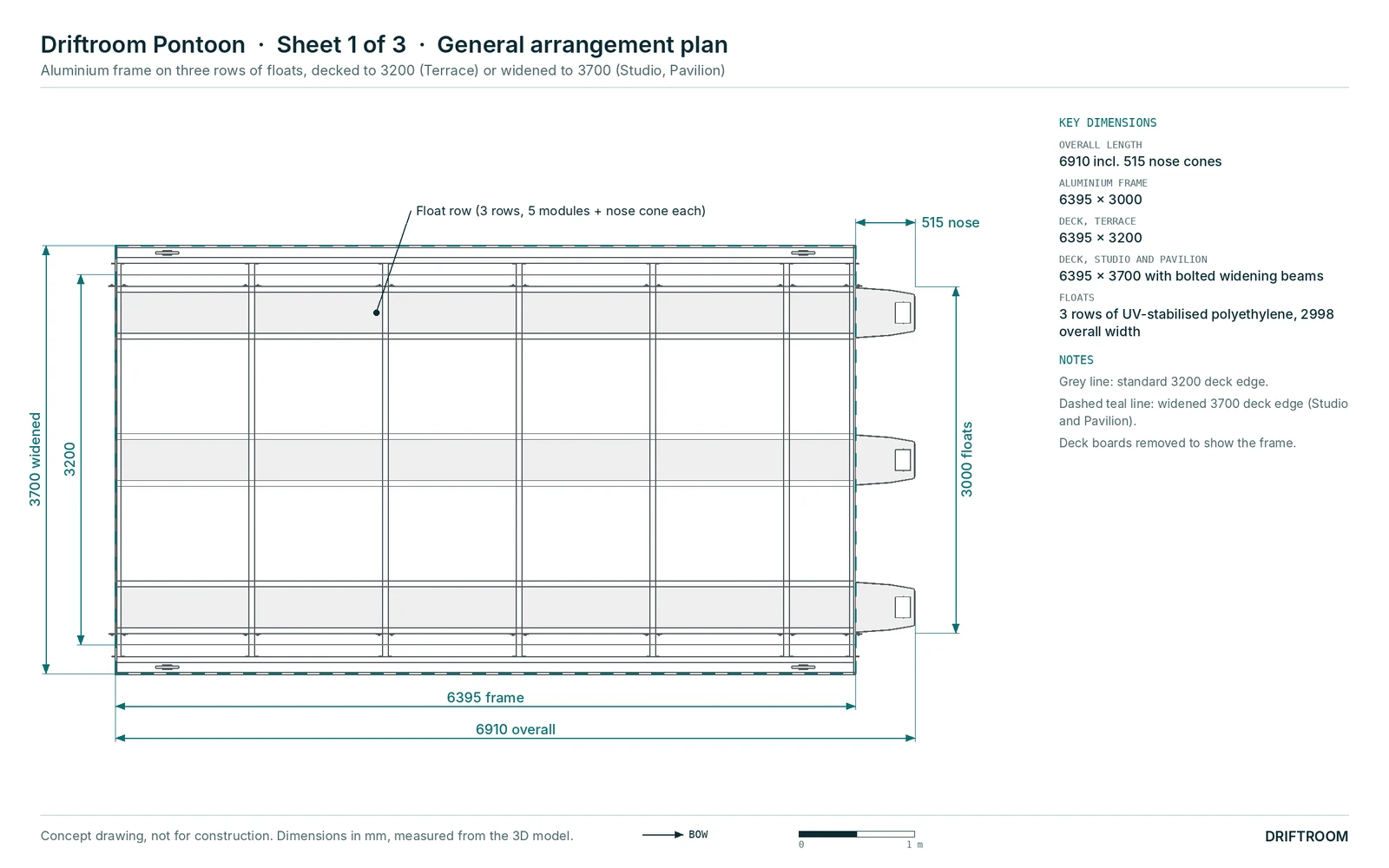 Plan drawing of the Driftroom pontoon: 6910 long, aluminium frame 6395 × 3000 on three rows of floats, deck 3200 or widened to 3700.