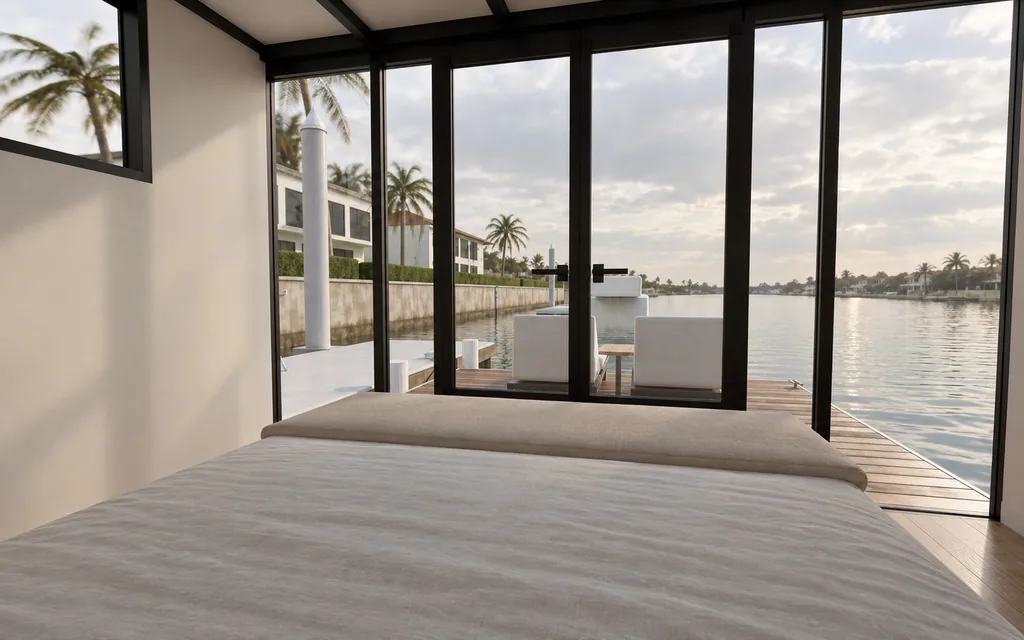 From the Studio double bed looking out through the glass doors to the canal
