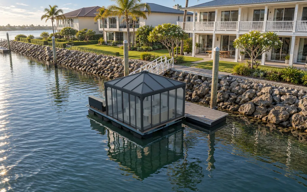 The Driftroom Pavilion from above, facing the open water, in the morning