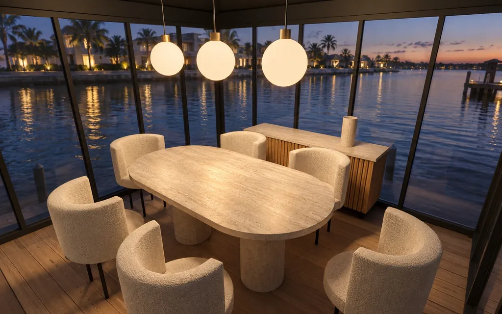 Inside the Pavilion: dining for six under pendant lights at dusk