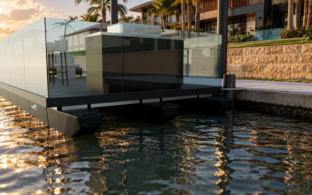 Close-up of the the Driftroom Terrace deck edge, glass and floats at golden hour