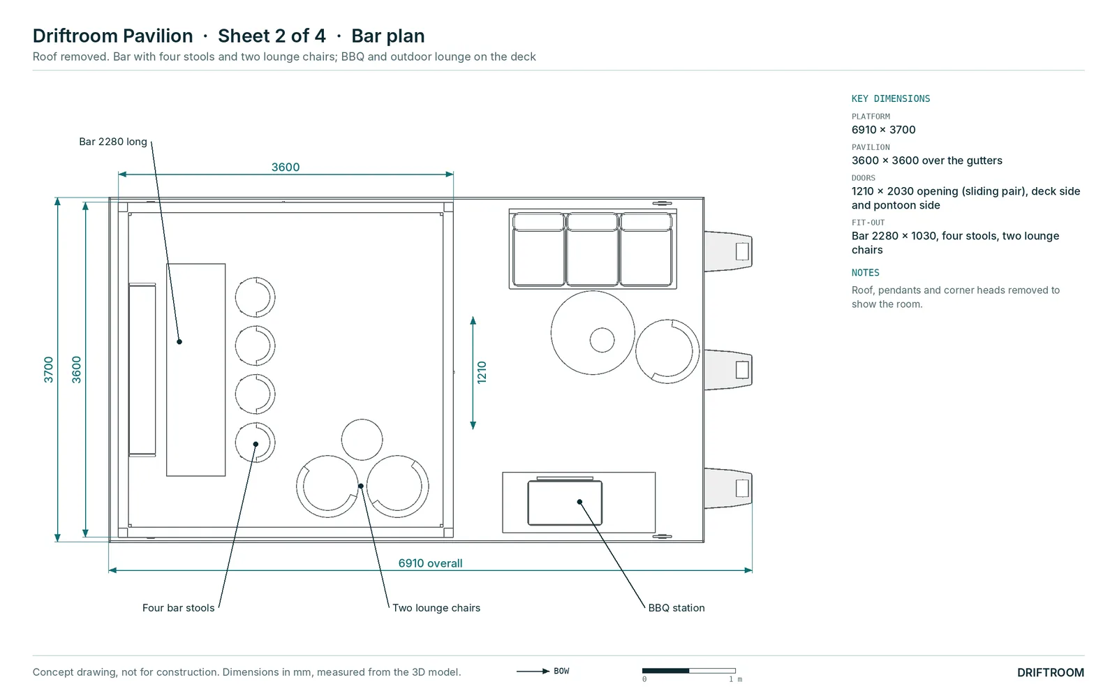 Plan drawing of the Driftroom Pavilion, bar plan: Bar with four stools and two lounge chairs; BBQ and outdoor lounge on the deck, on a 6910 × 3700 platform.