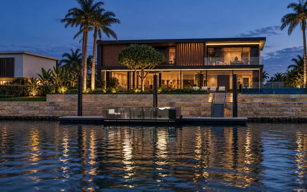 The Driftroom Terrace glowing at dusk beside a canal home, seen across the water