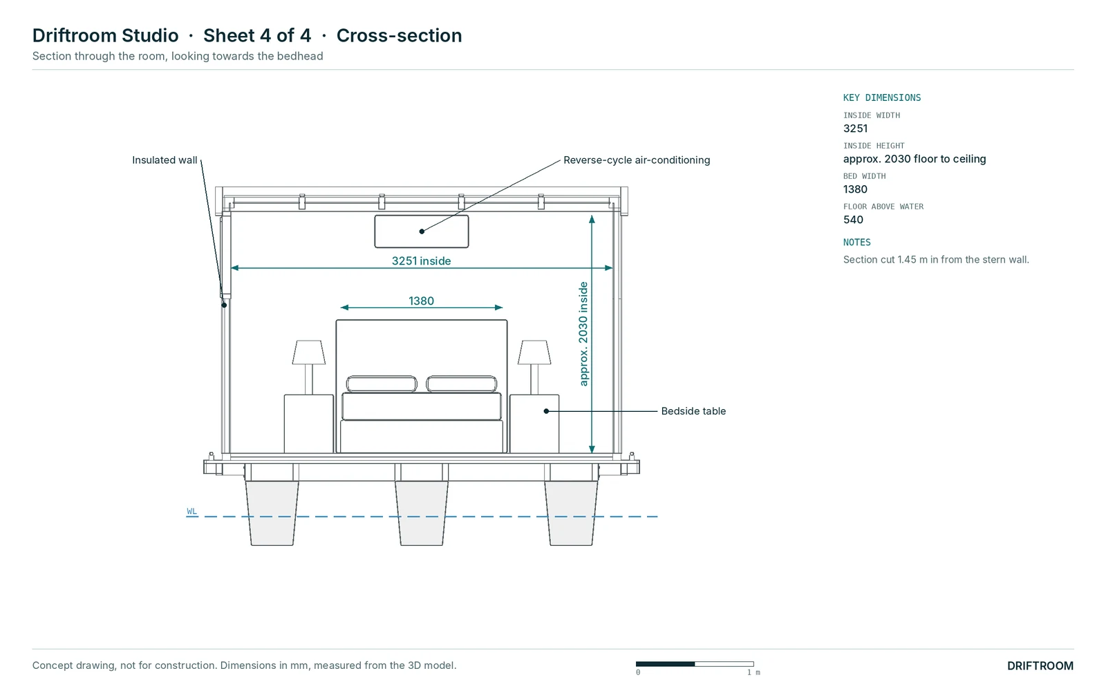 Cross-section of the Driftroom Studio showing the double bed, bedside tables, air-conditioning head and insulated walls; inside about 3251 wide and 2030 high.