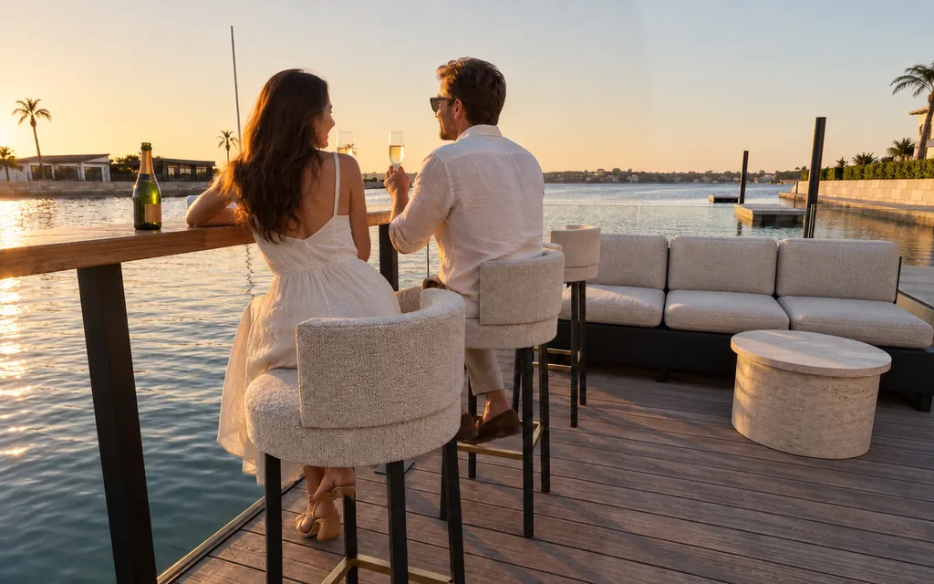 A couple toasting with champagne at the Terrace drinks ledge at sunset