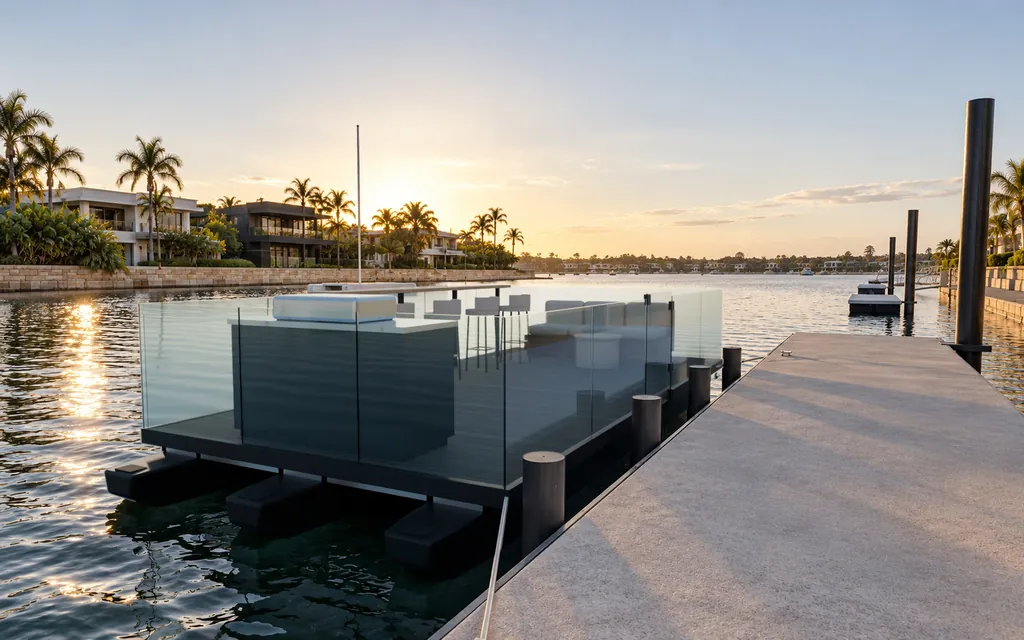 The Driftroom Terrace seen from the end of the home pontoon at golden hour