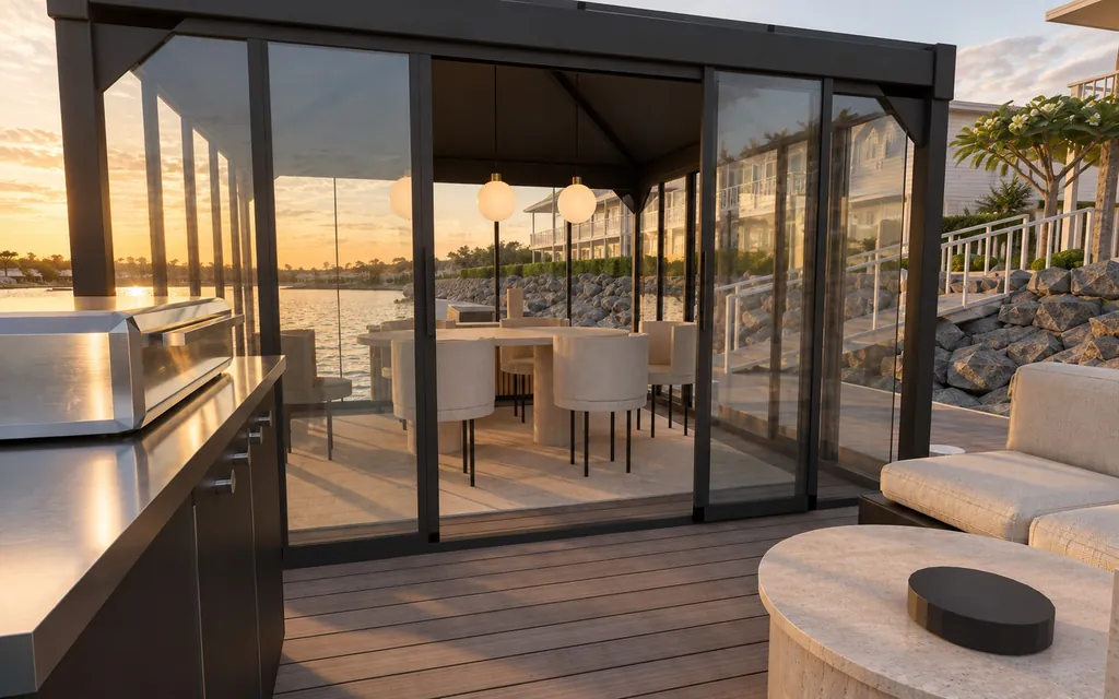 The Pavilion BBQ deck and outdoor sofa at golden hour