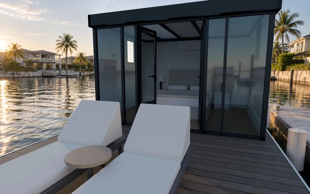 The Studio open deck with two sun loungers at golden hour