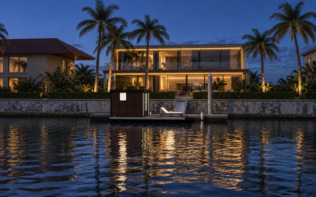 The Driftroom Studio glowing at dusk beside a canal home, seen across the water