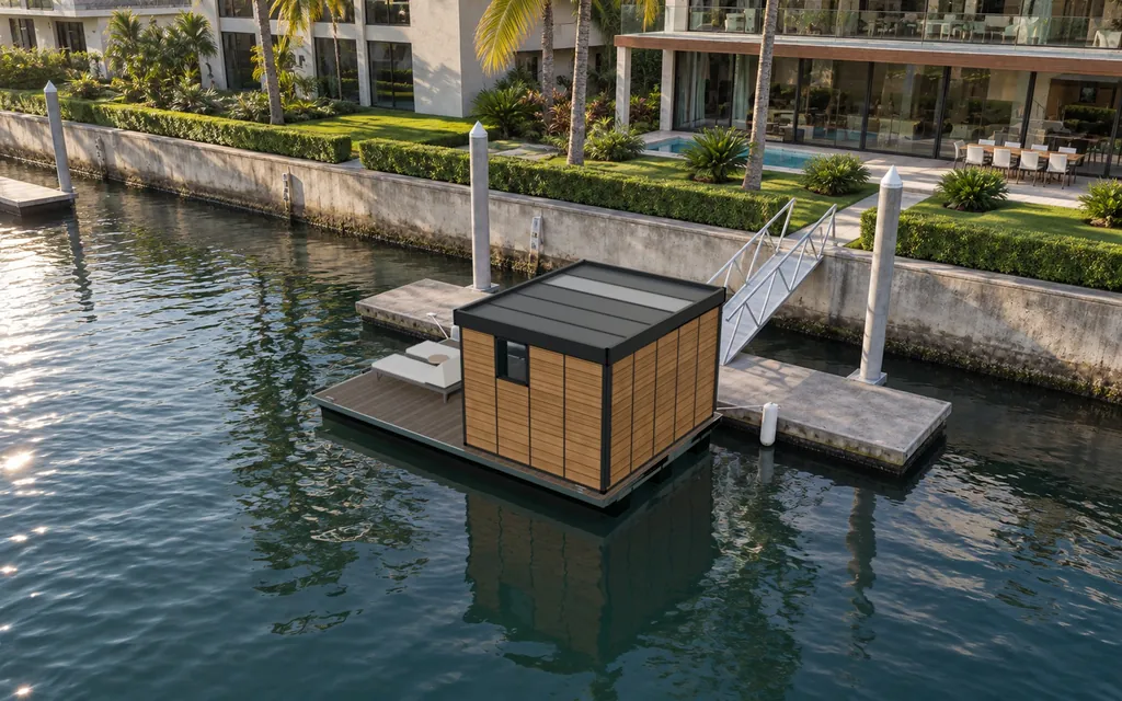 The Driftroom Studio from above, facing the open water, in the morning