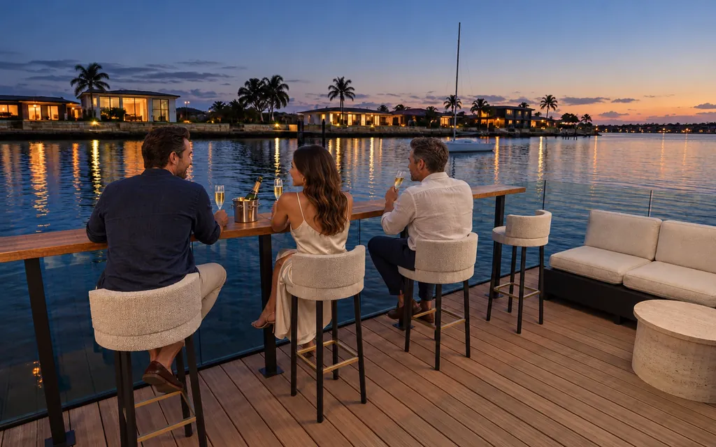 Three friends with champagne on the Terrace bar stools at dusk